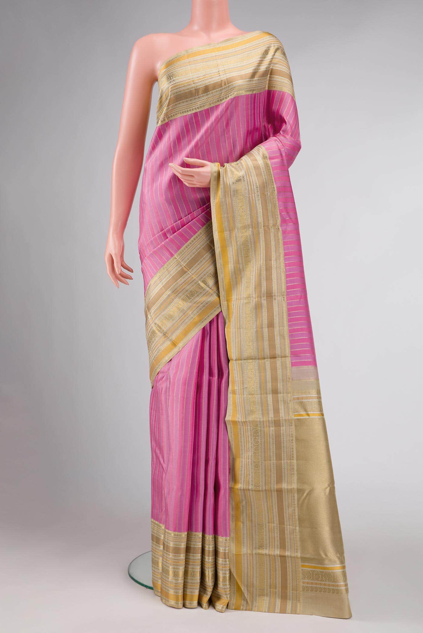 Pure Silk Pure Zari Pink Kanchipuram Saree - Image 7