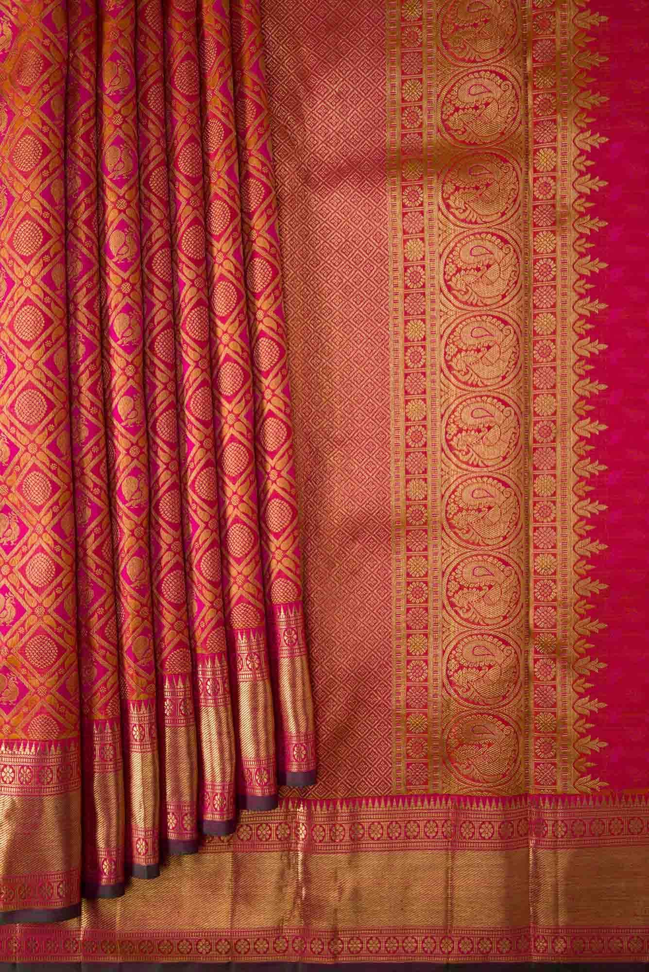 Pure Silk Pure Zari Pink Dual Tone Kanjivaram Saree - Image 2