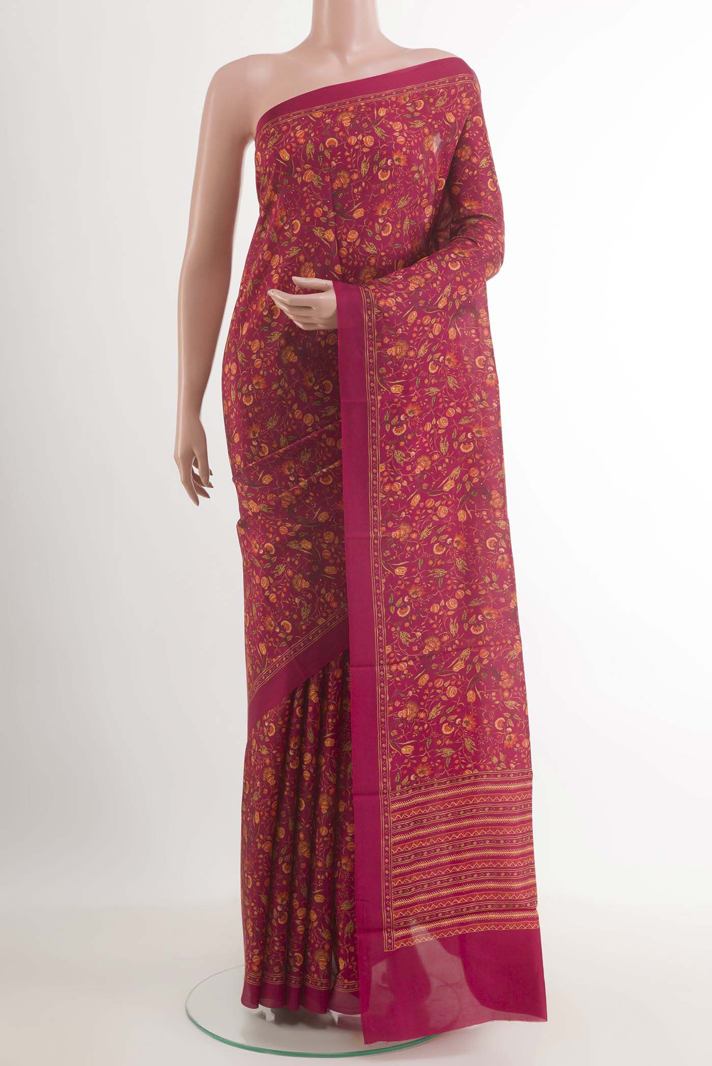Dark Pink Printed Silk Saree