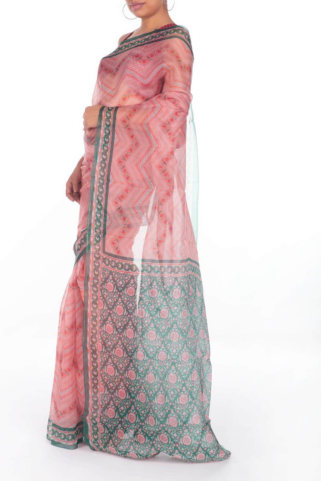 Leher Pink floral design saree from Chintz Collection, Designed by Nalli - Image 7
