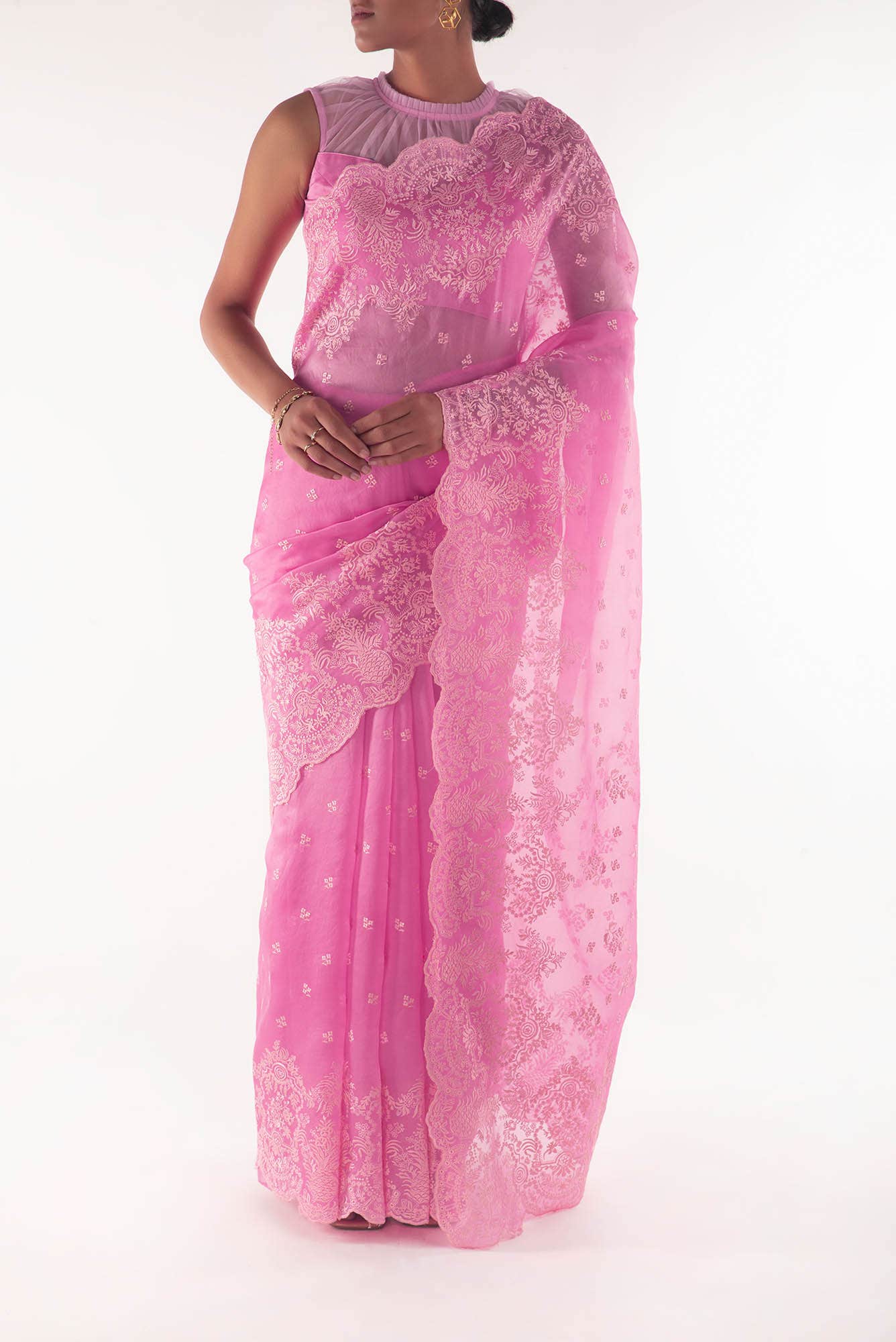 Passion Paradise Pink floral design saree from Embroidered Romance Collection by Nalli - Image 2
