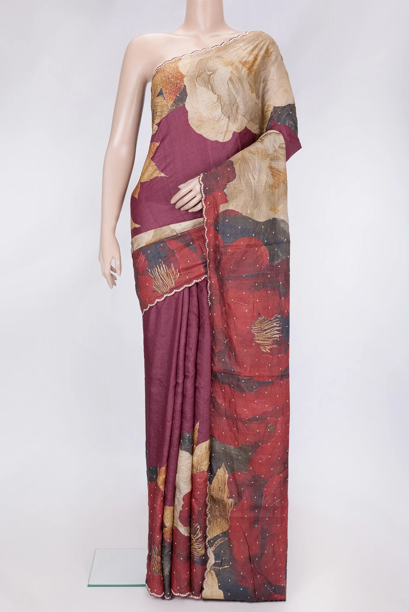 Dark Pink Tussar Silk Saree