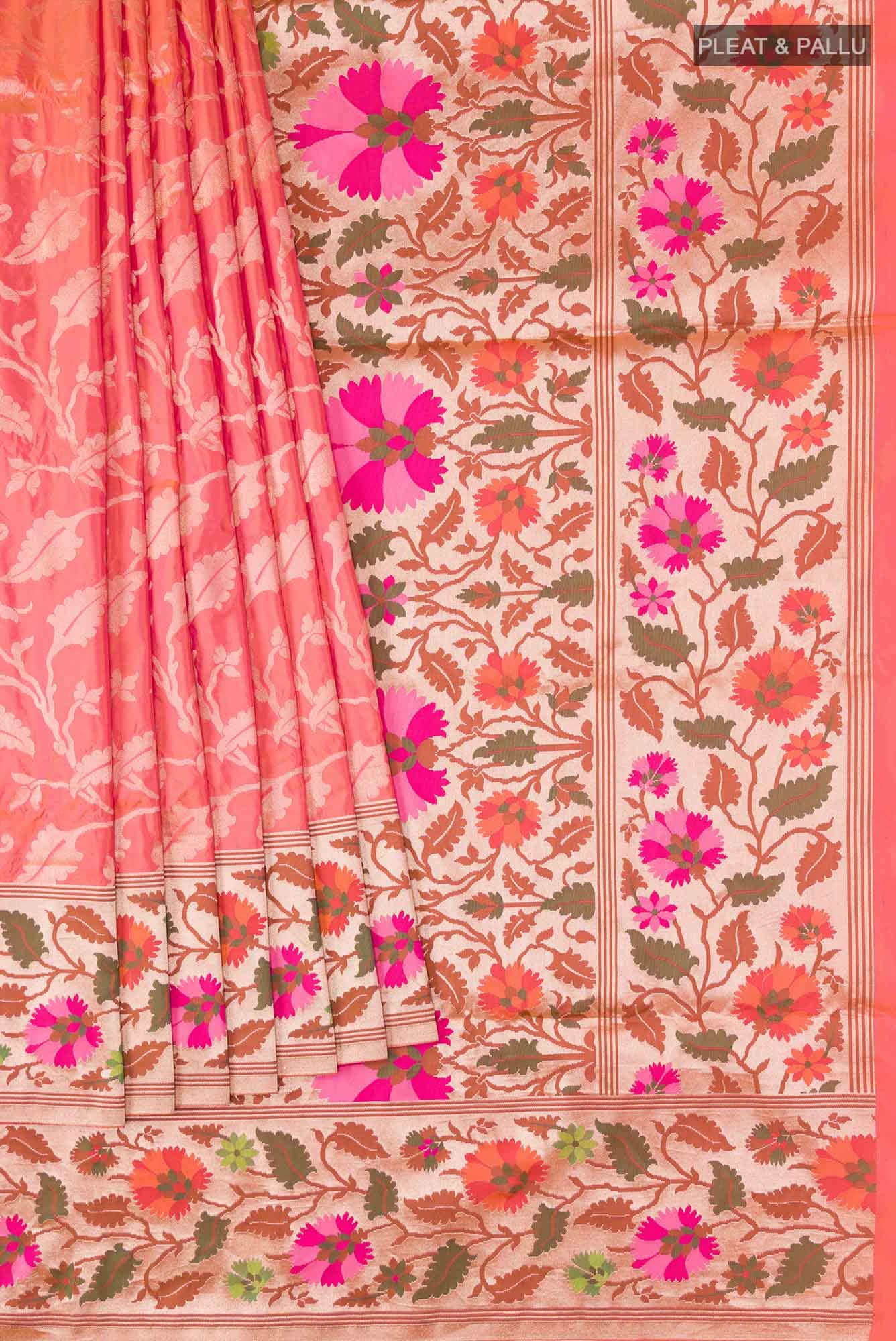 Pure Silk Pure Zari Pink With Orange Dual Tone Banarasi Saree - Image 2