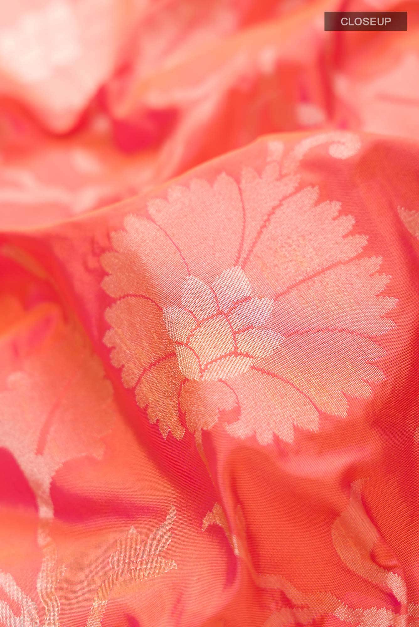 Pure Silk Pure Zari Pink With Orange Dual Tone Banarasi Saree - Image 3
