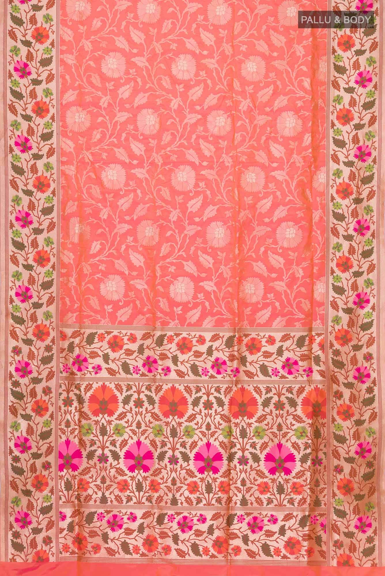 Pure Silk Pure Zari Pink With Orange Dual Tone Banarasi Saree - Image 4
