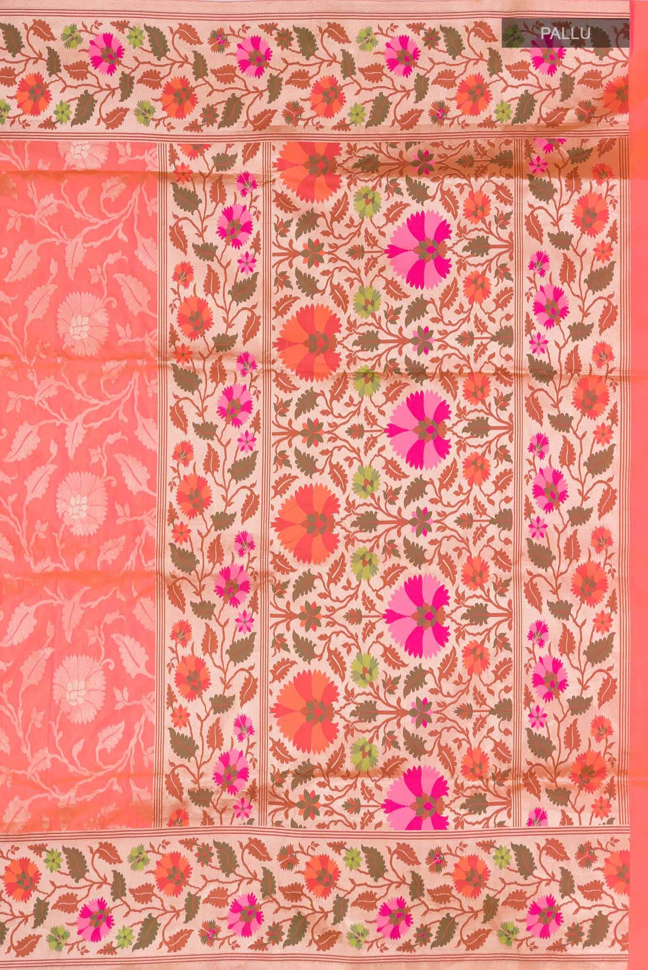Pure Silk Pure Zari Pink With Orange Dual Tone Banarasi Saree - Image 5