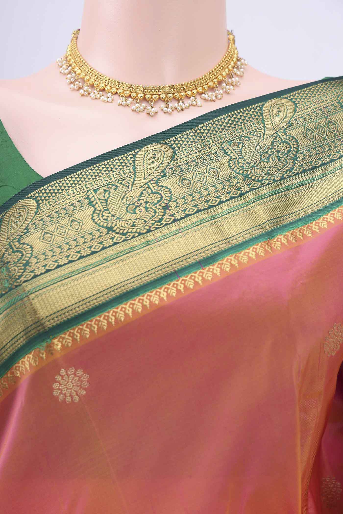 Pinkish Yellow Dual Tone Blended Bangalore Silk Saree - Image 2