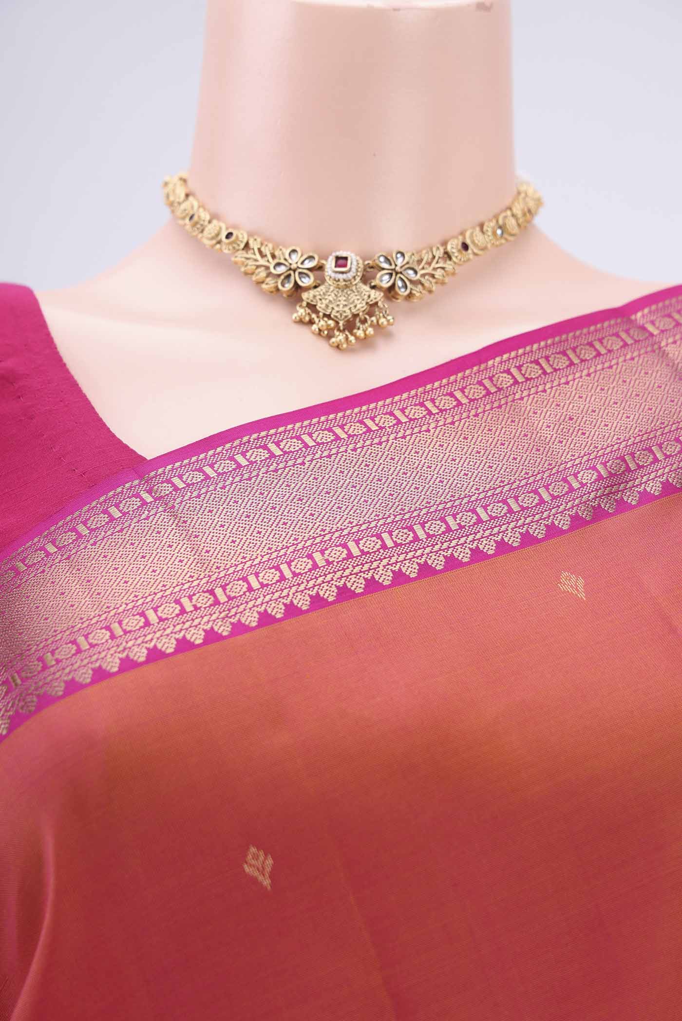 Orange with Pink Color Kanchipuram Silk Saree - Image 2