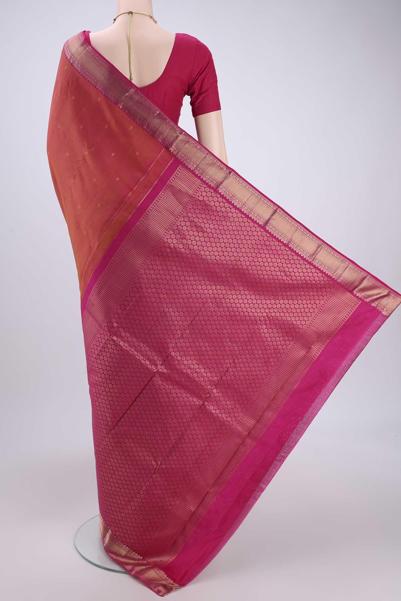 Orange with Pink Color Kanchipuram Silk Saree - Image 3