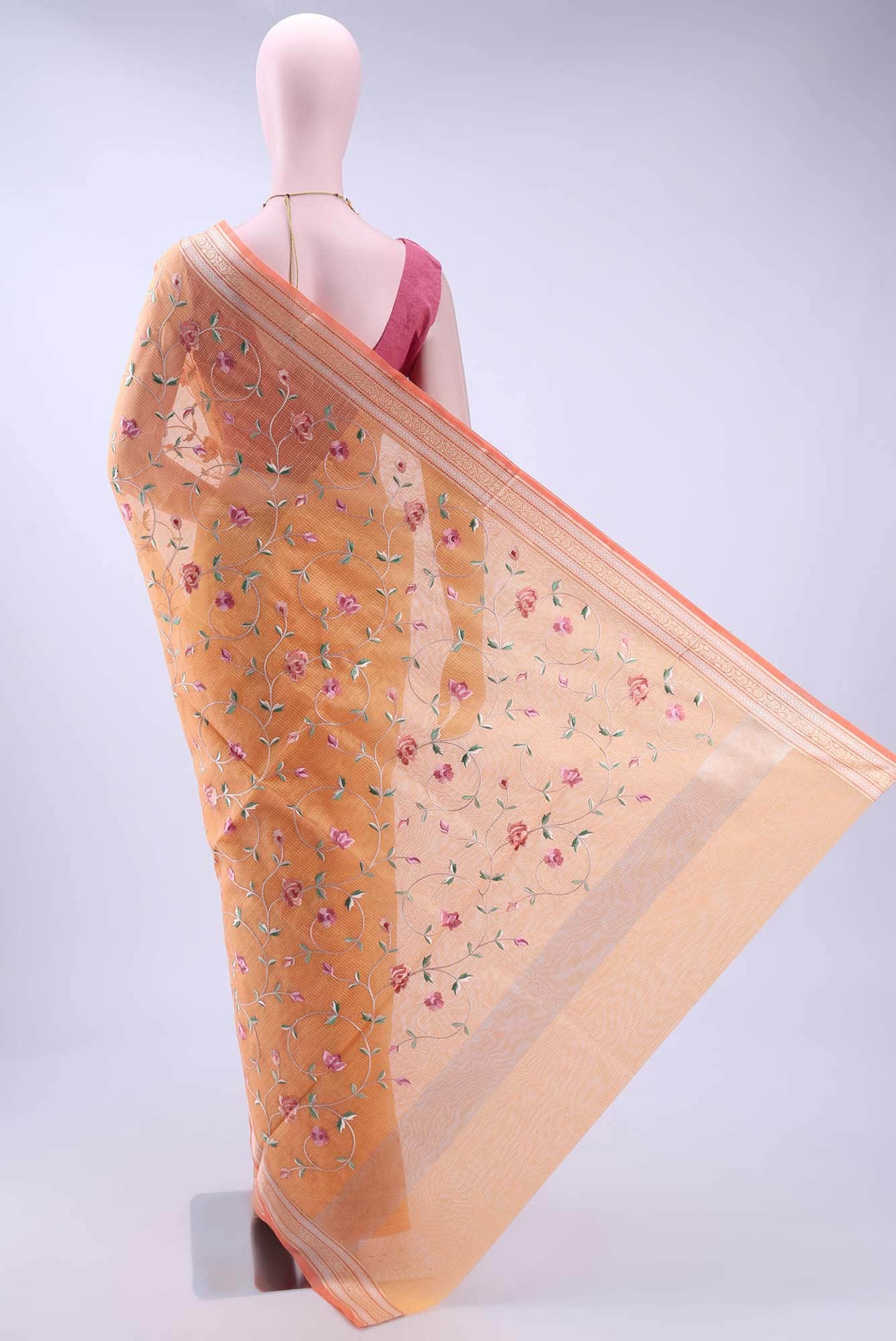 Pinkish Yellow Kota Cotton Saree - Image 2