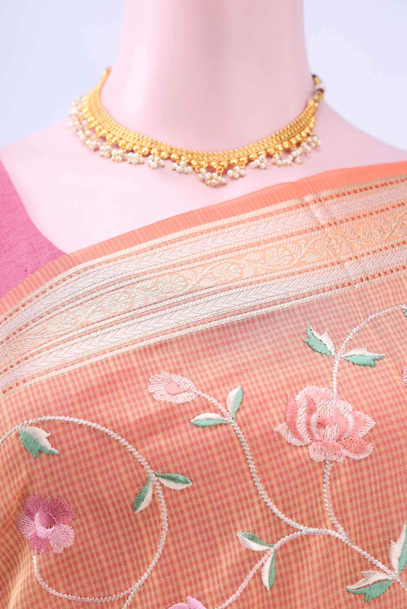 Pinkish Yellow Kota Cotton Saree - Image 3
