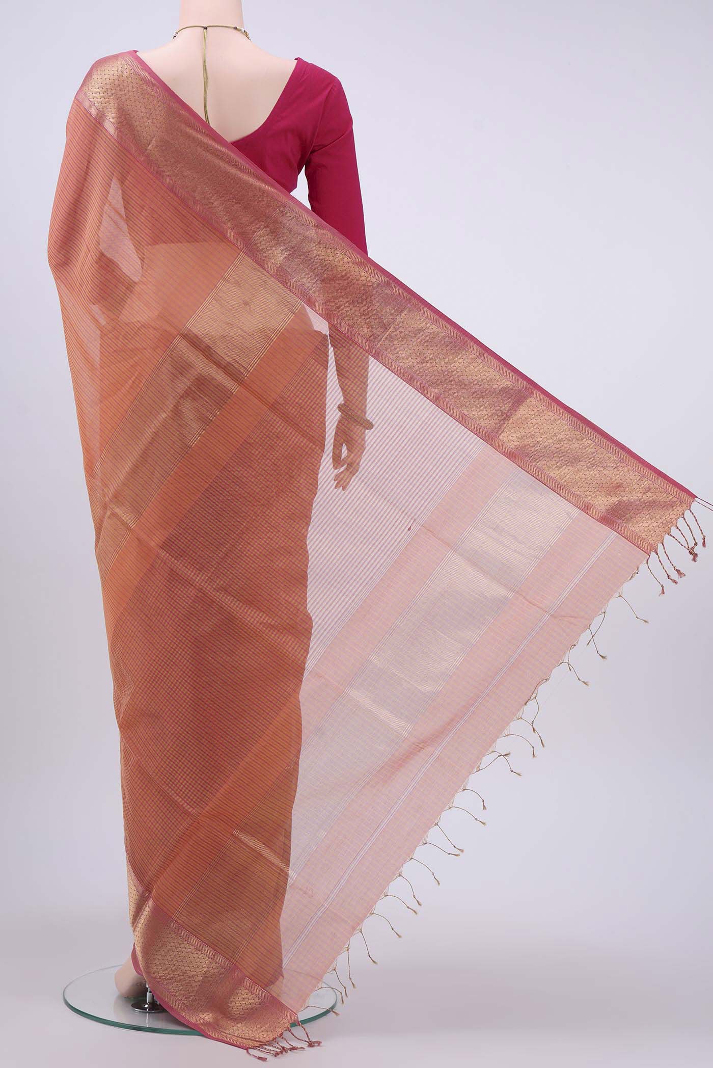 Pinkish Yellow Maheshwari Silk Cotton Saree - Image 3