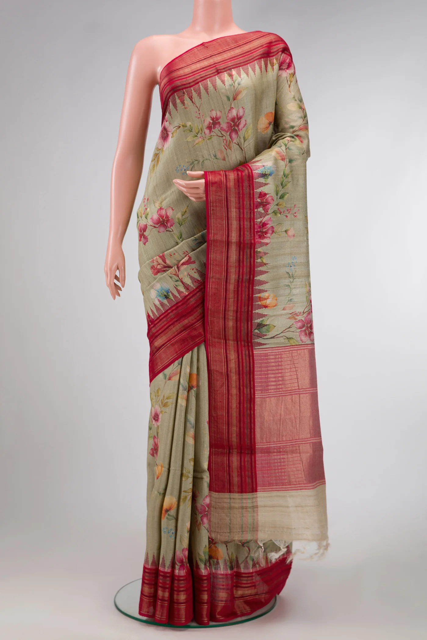 Beige Tussar Silk Saree