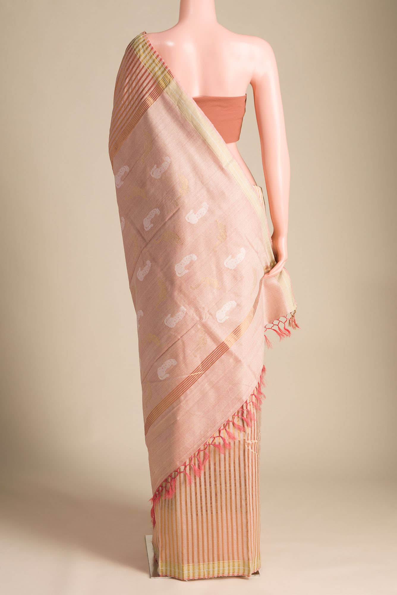 Prowl and Prance-Peach Tussar Silk Saree - Image 5