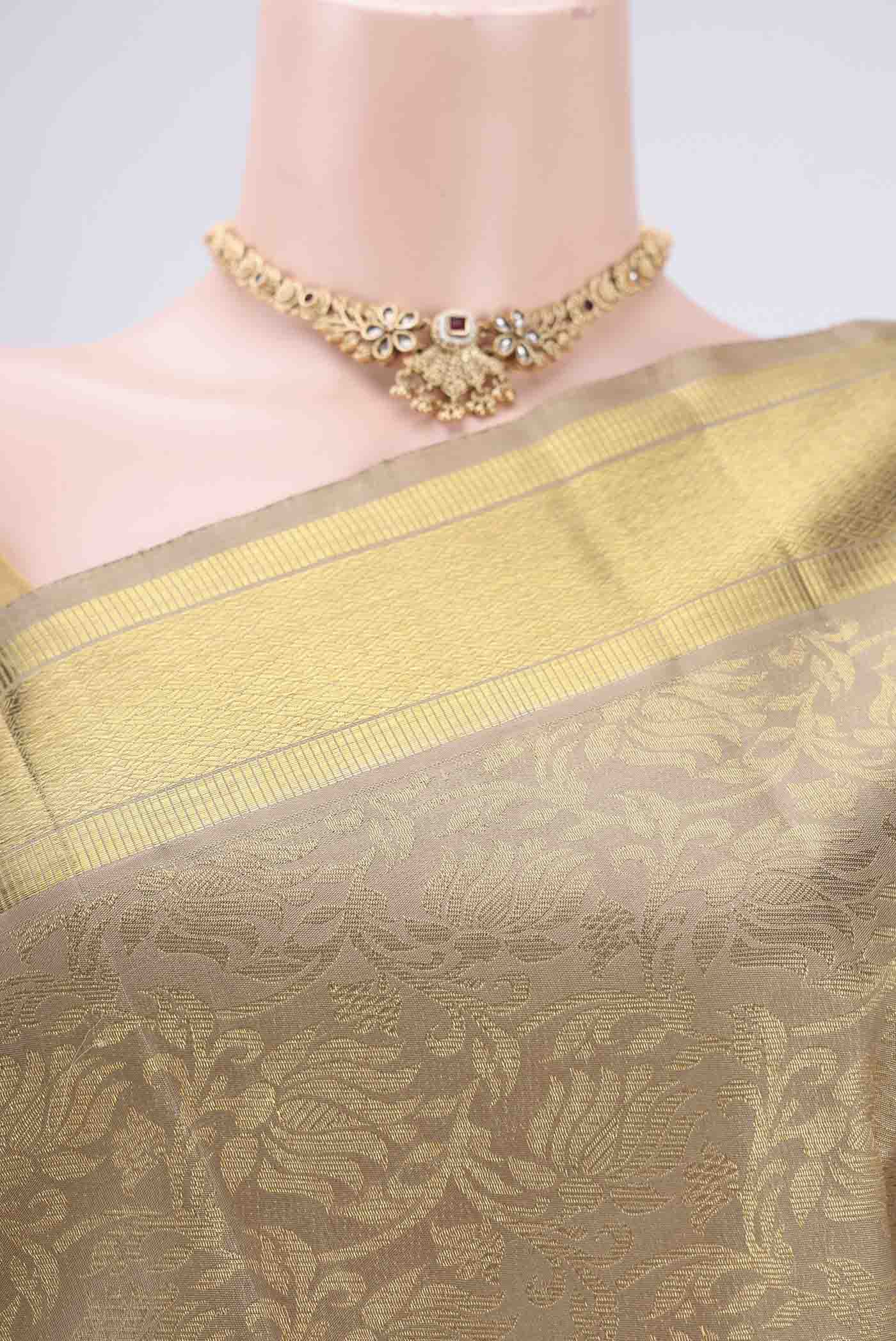 Pure Silk Pure Zari Beige Kanjivaram Saree - Image 2
