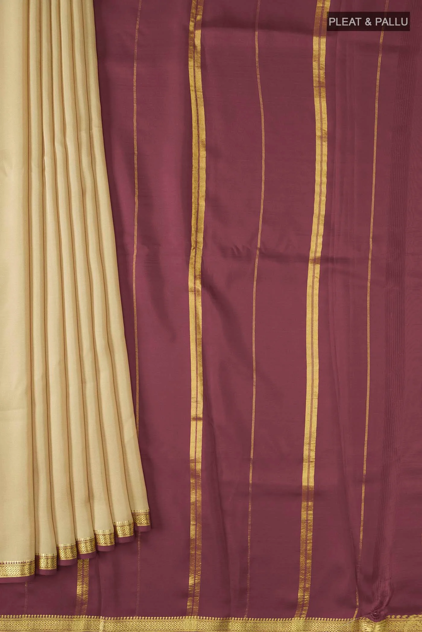Pure Silk Pure Zari Beige Mysore Crepe Saree - Image 4