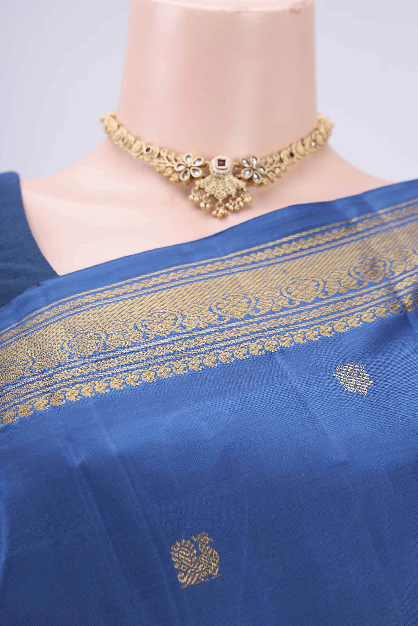 Pure Silk Pure Zari Blue Kanchipuram Saree - Image 2