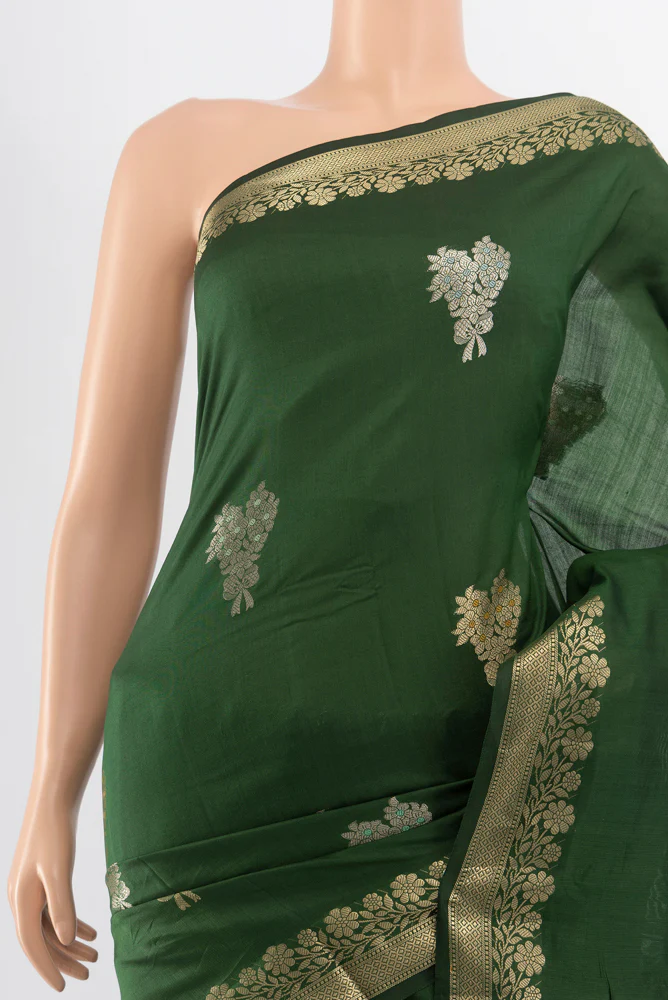 Bottle Green Banarasi Raw Silk Saree - Image 2
