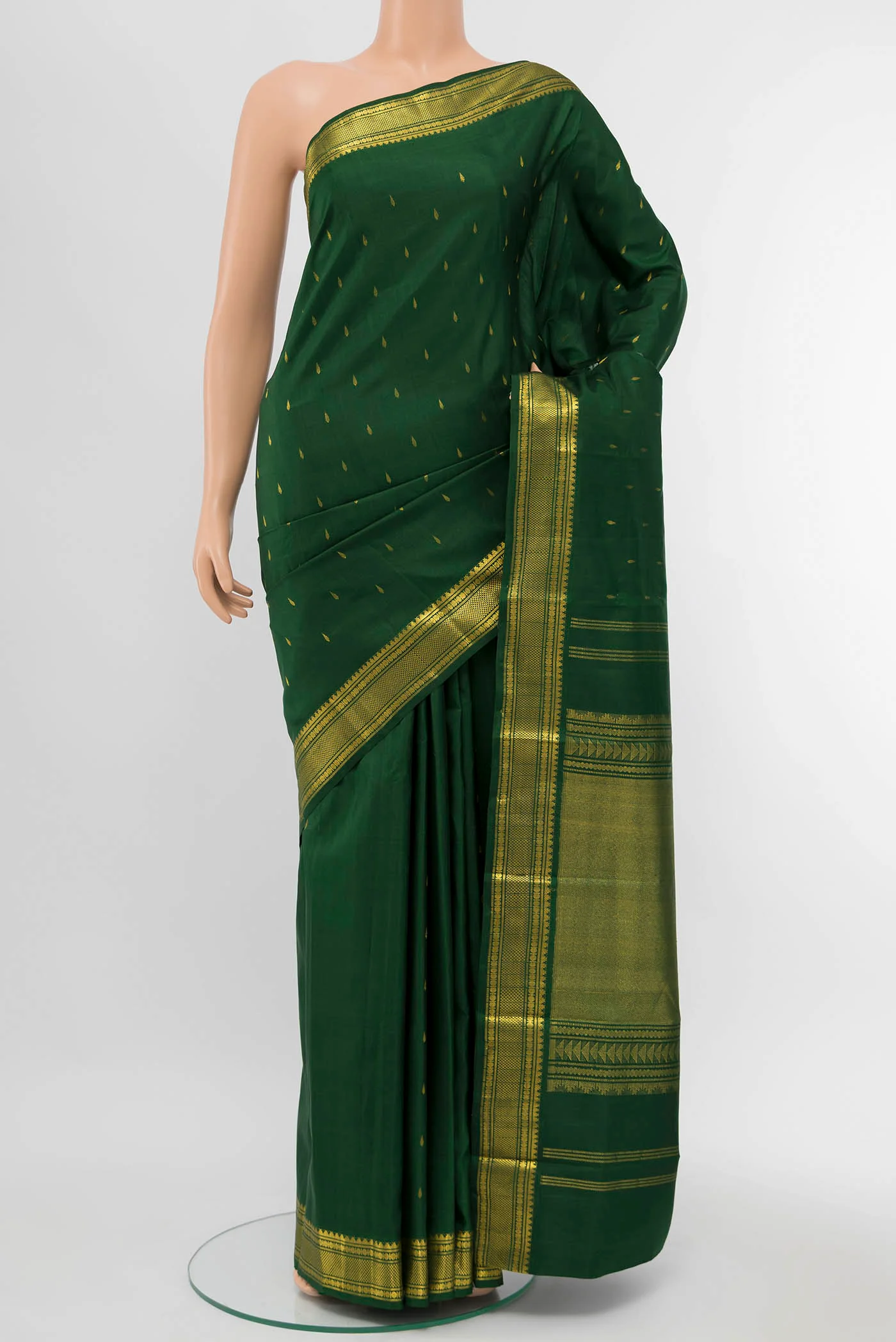 Pure Silk Pure Zari Bottle Green Kanjivaram Saree