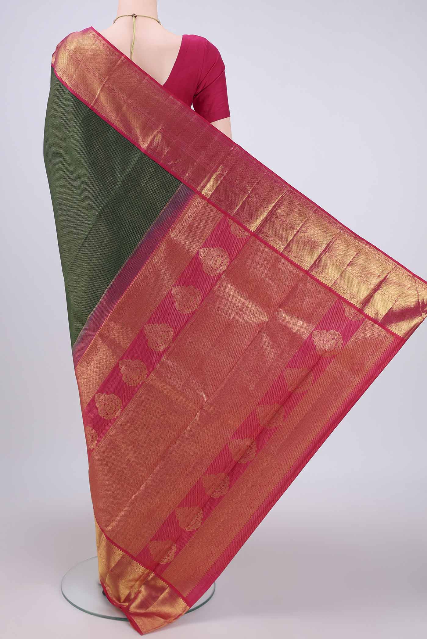 Bottle Green Kanchipuram Silk Saree - Image 3