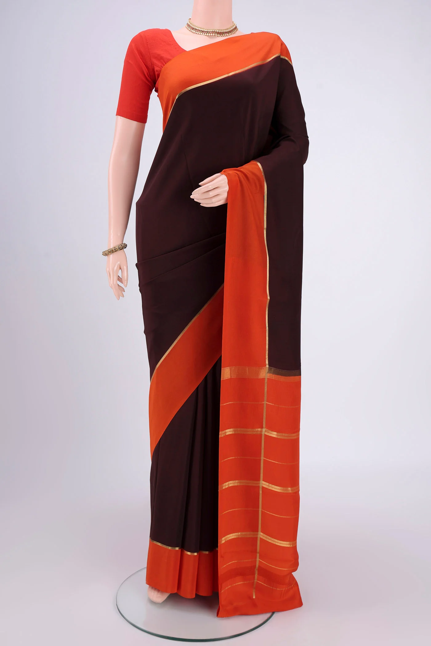 Pure Silk Pure Zari Coffee Brown Mysore Crepe Saree