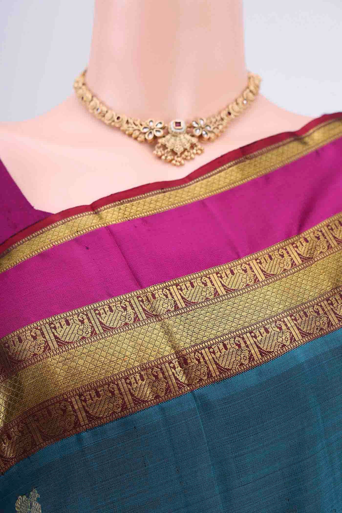 Pure Silk Pure Zari Dark Blue Kanchipuram Saree - Image 2