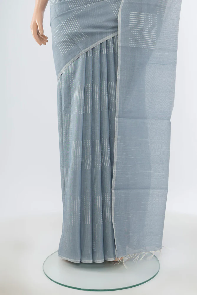 Blue Grey Tussar Silk Saree - Image 3