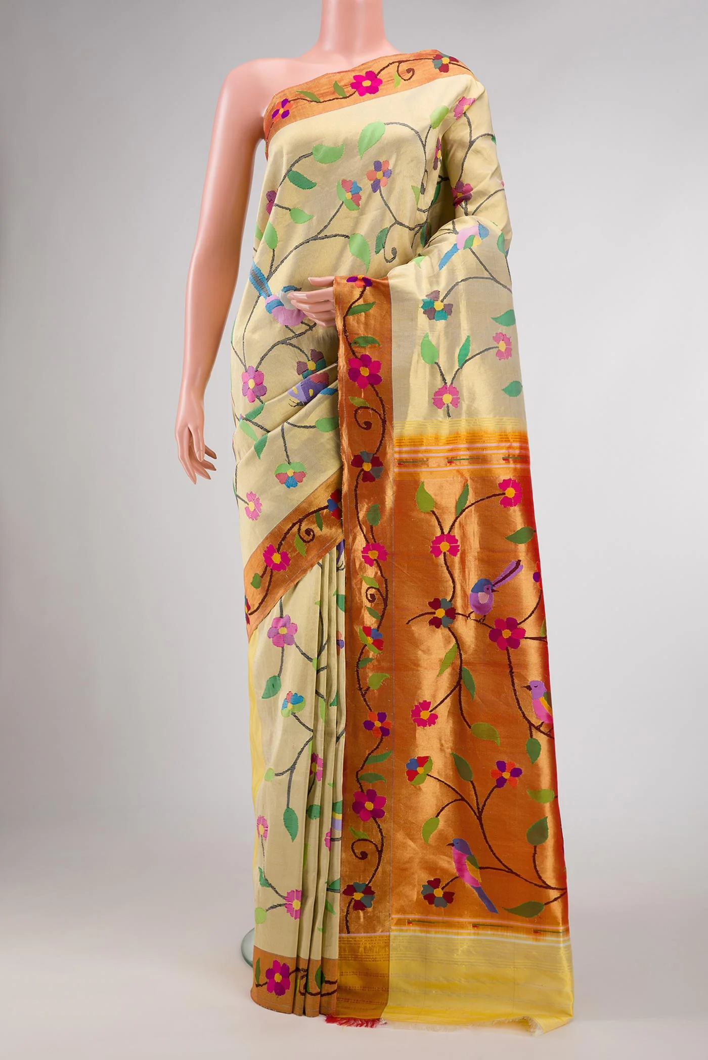 Pure Silk Pure Zari Gold Dual Tone Paithani Saree