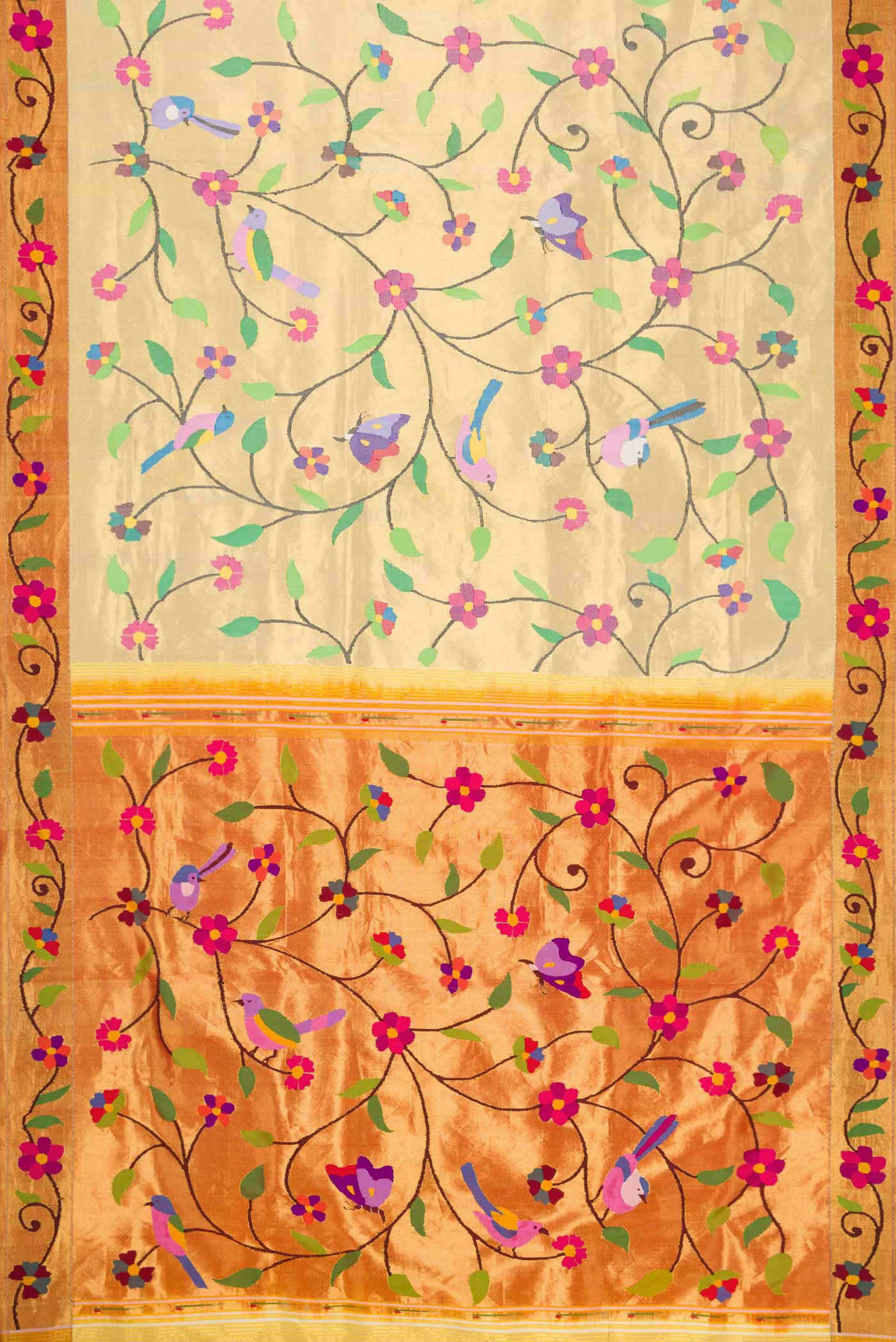 Pure Silk Pure Zari Gold Dual Tone Paithani Saree - Image 6