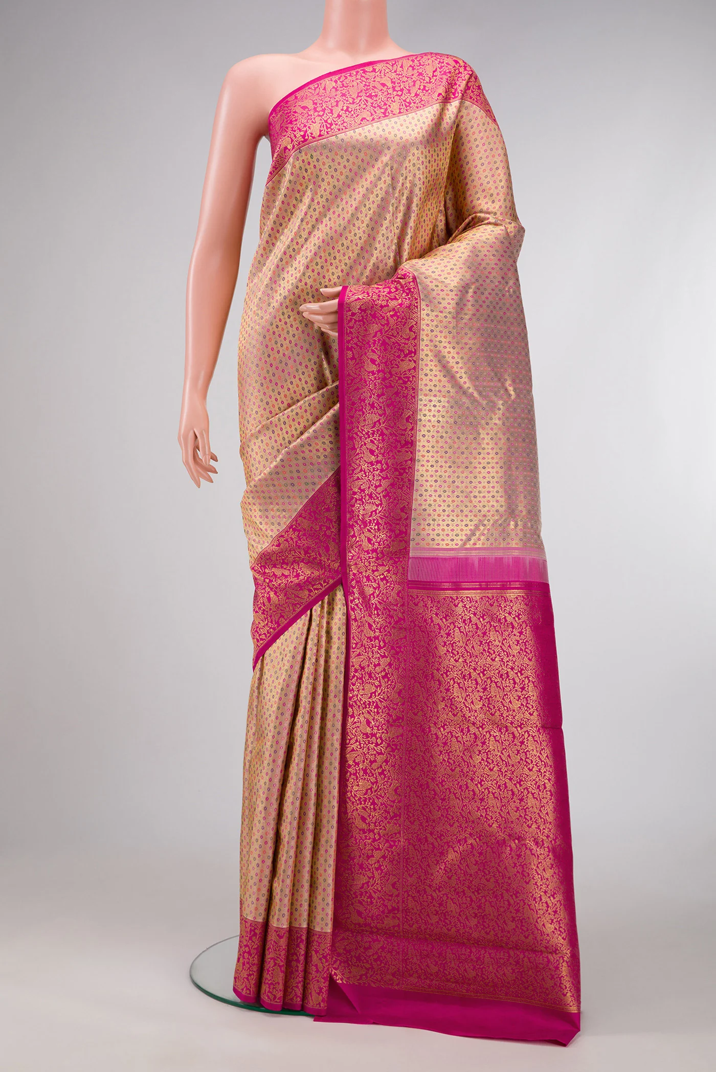 Pure Silk Pure Zari Gold with Pink Color Kanjivaram Tissue Saree