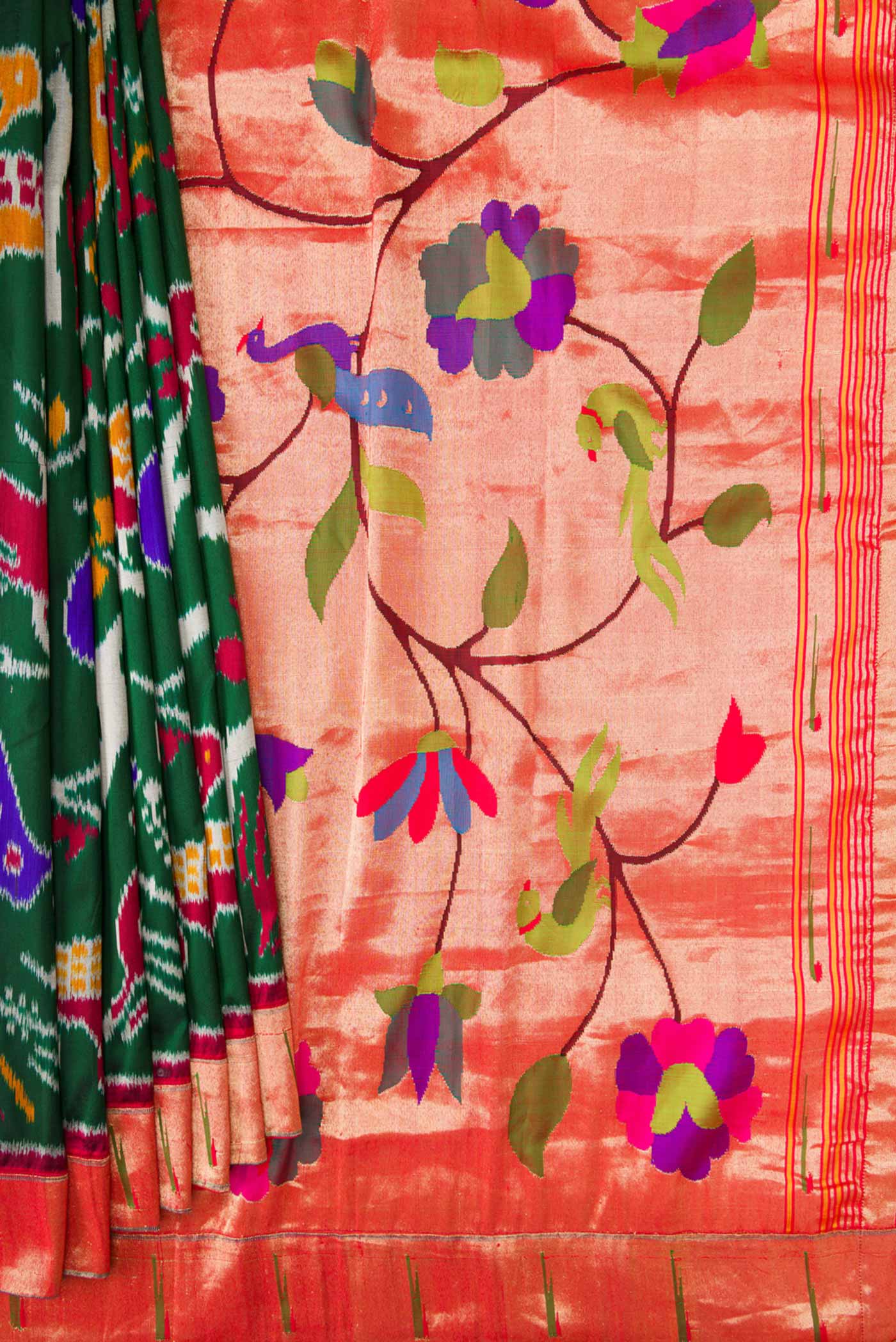 Pure Silk Pure Zari Green Dual Tone Double Ikat Saree - Image 4