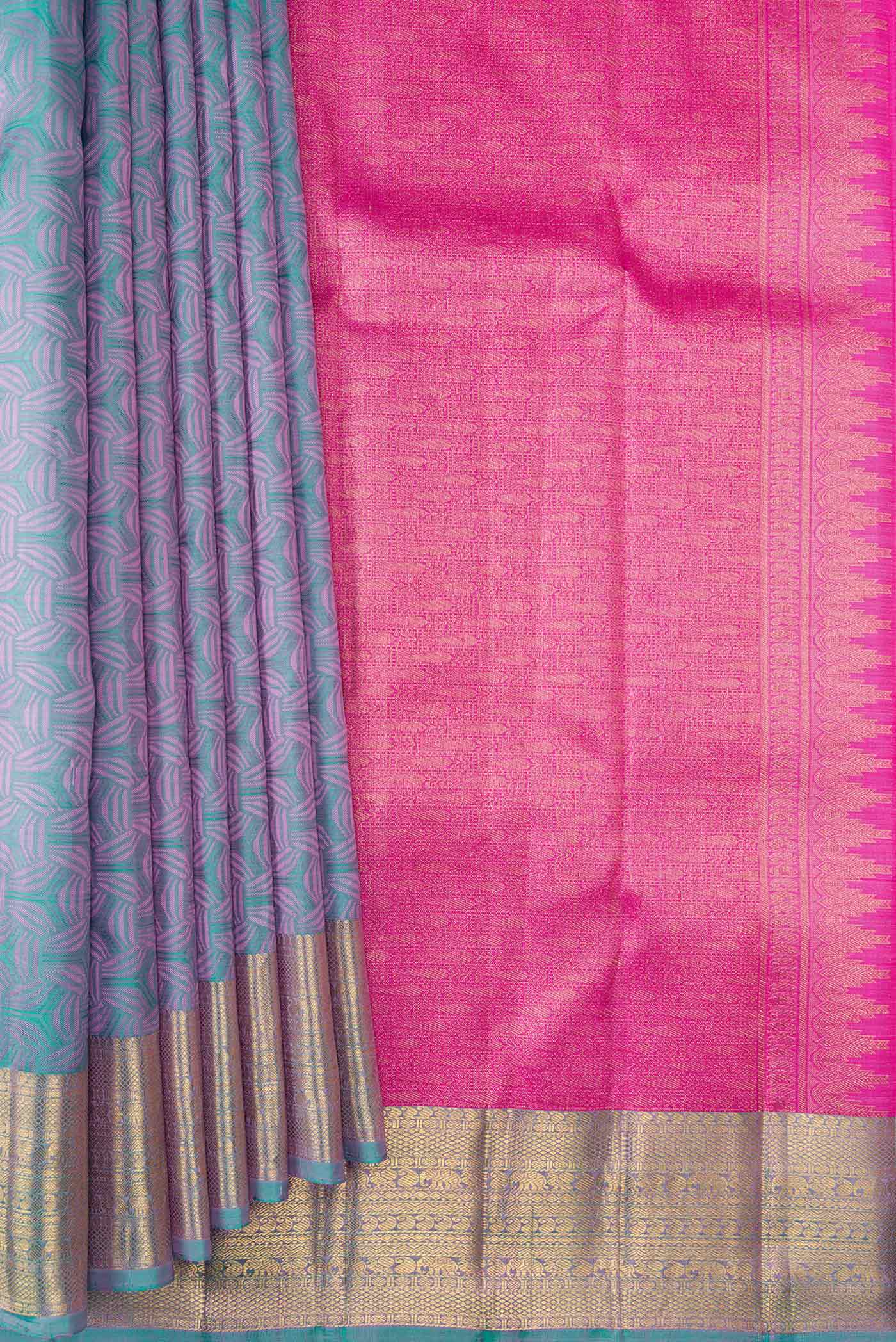 Pure Silk Pure Zari Lavender with Turquoise Color Kanchipuram Saree - Image 4