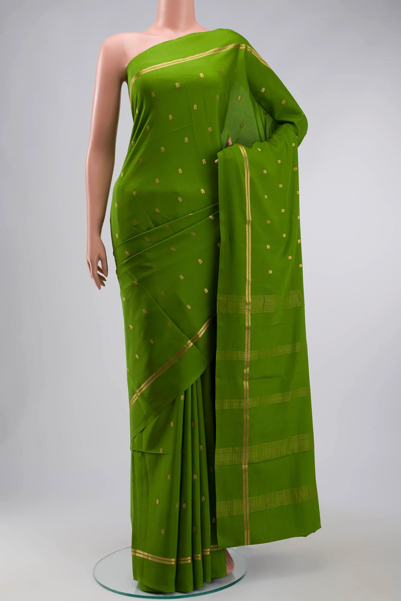 Pure Silk Pure Zari Green Mysore Crepe Saree