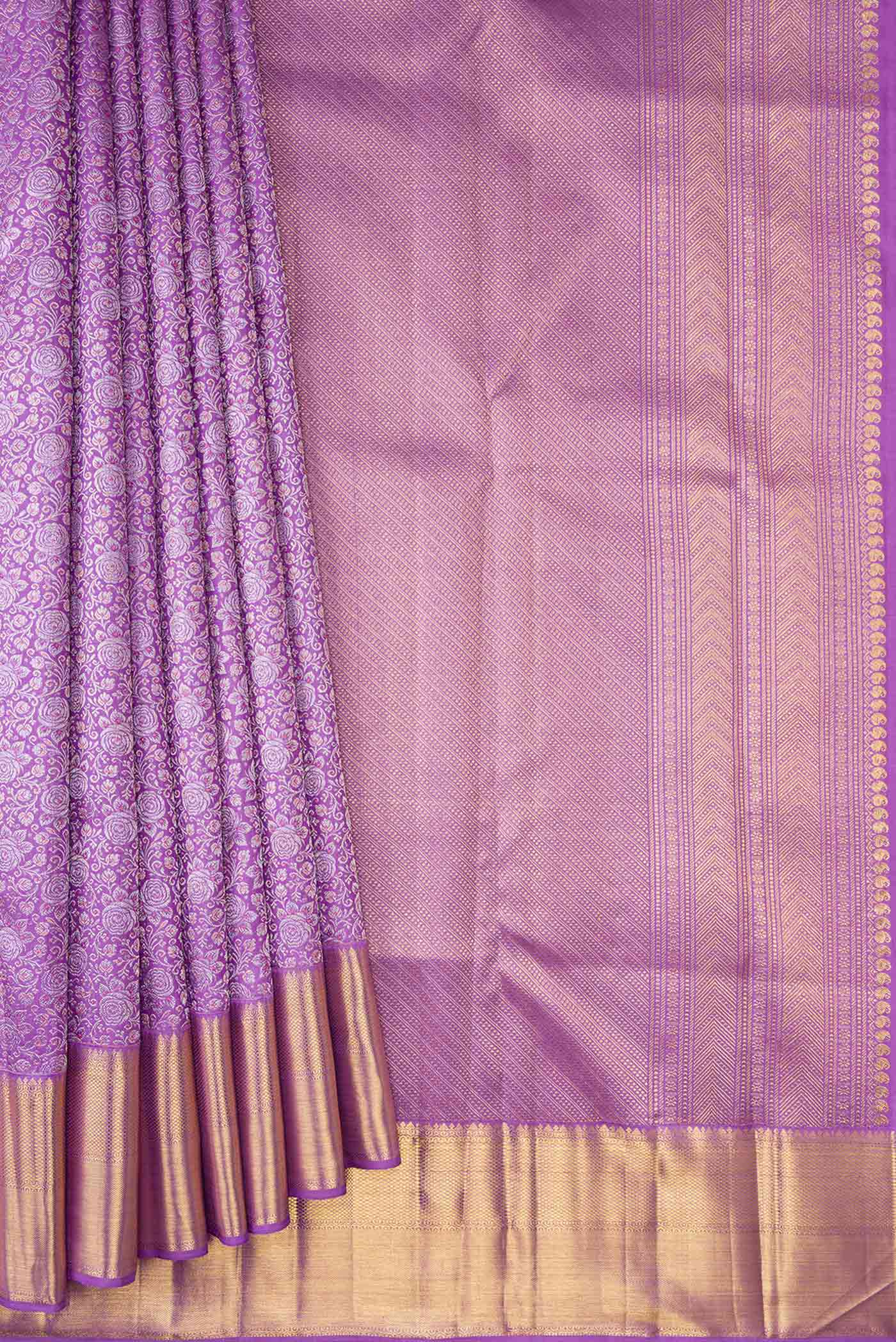 Pure Silk Pure Zari Lavender Dual Tone Kanjivaram Saree - Image 4