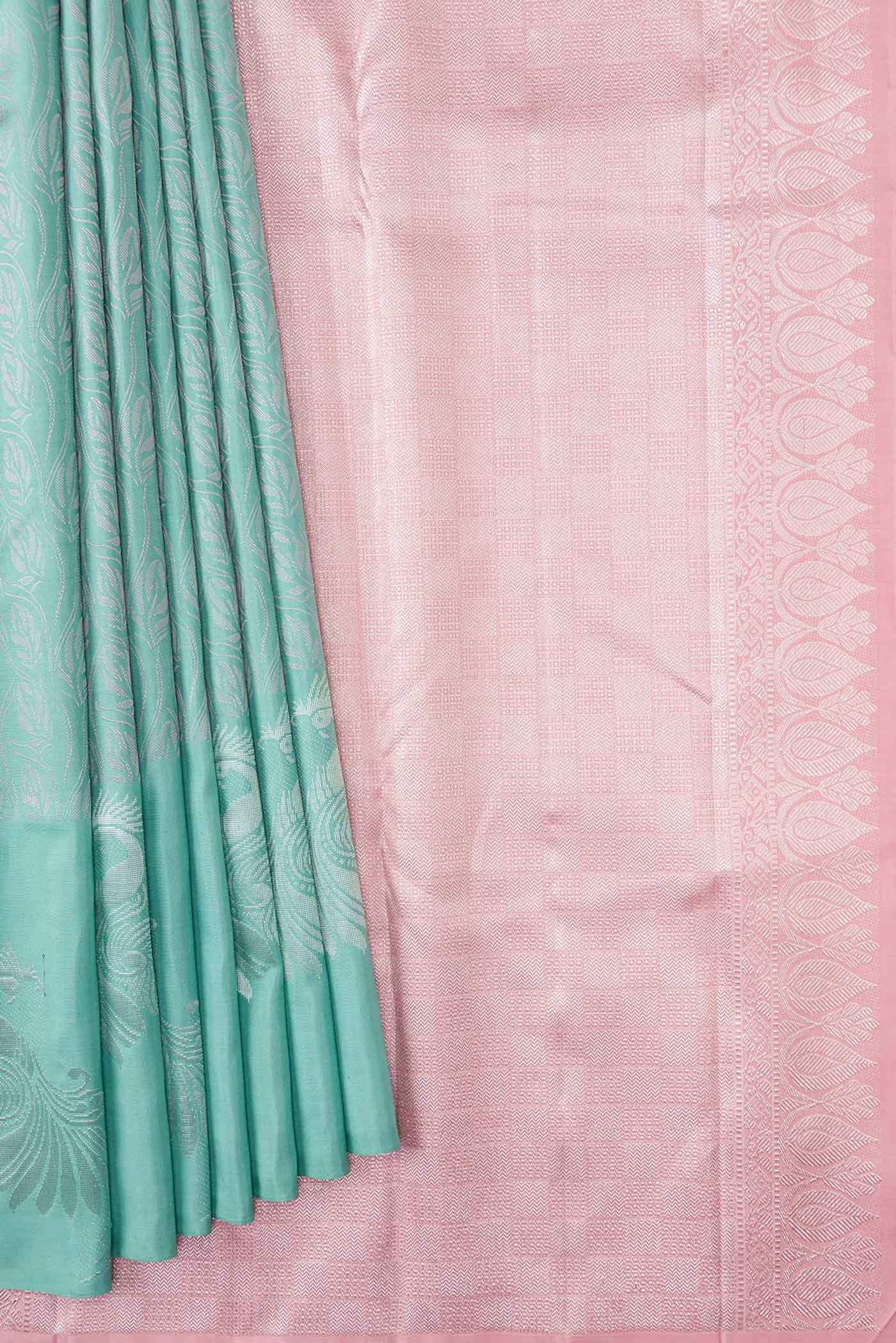 Pure Silk Pure Zari Light Blue Dual Tone Kanjivaram Saree - Image 4
