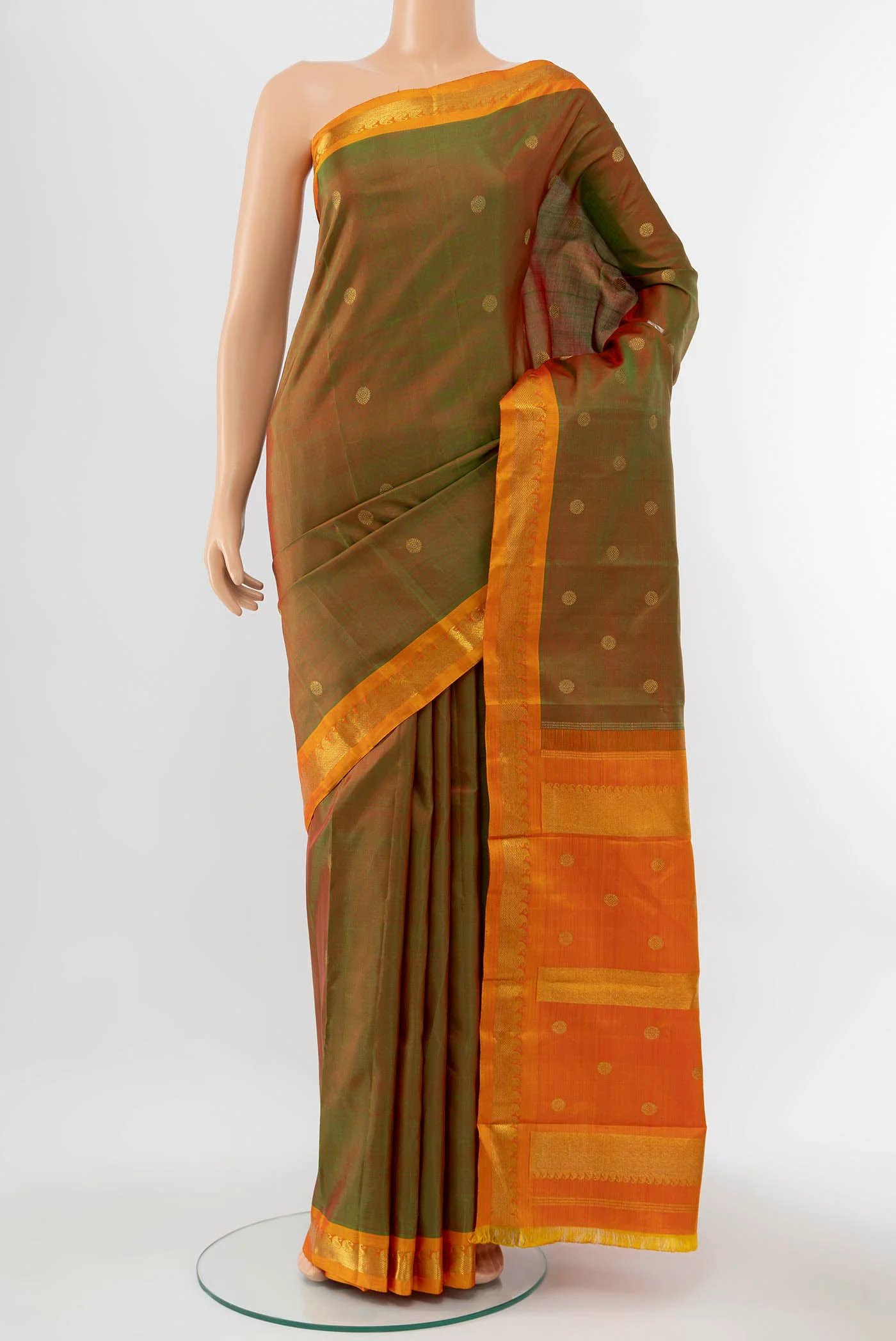 Pure Silk Pure Zari Green with Orange Color Kanchipuram Saree