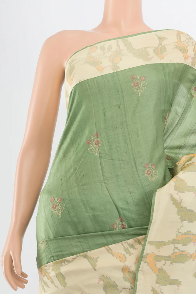 Sage Green Tussar Silk Saree - Image 2