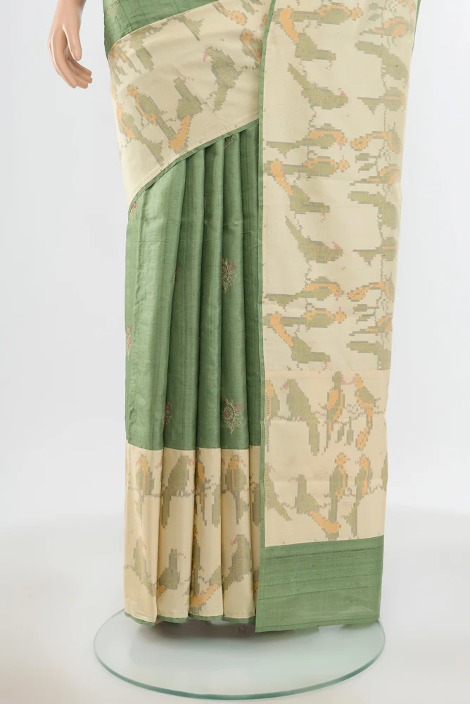 Sage Green Tussar Silk Saree - Image 3