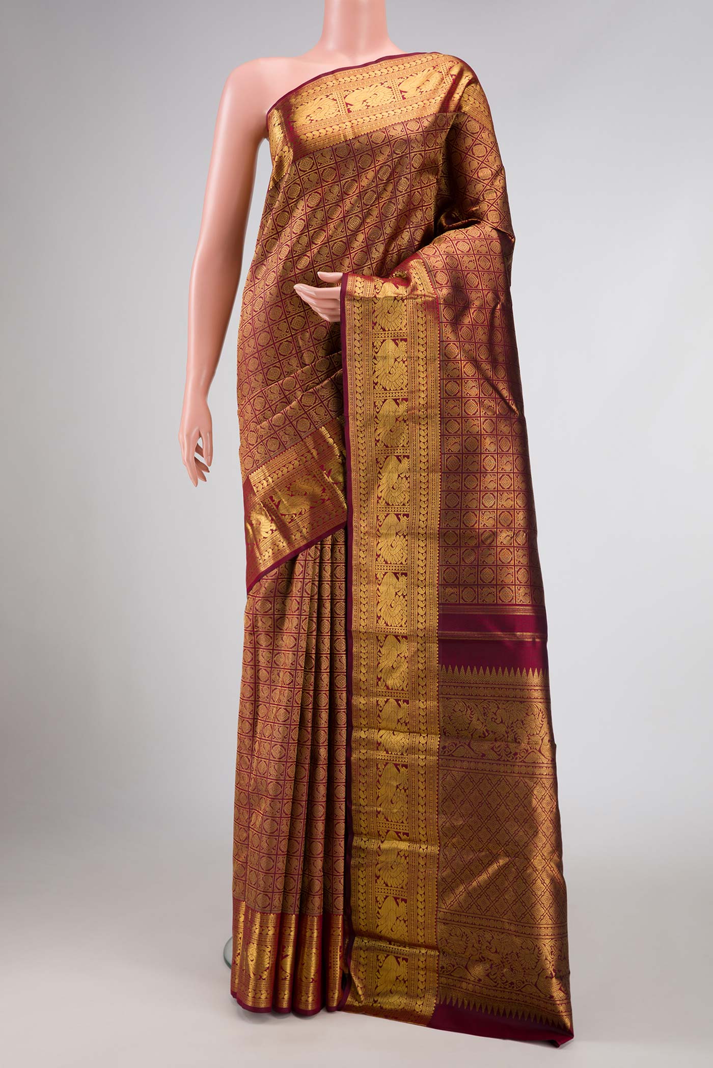 Pure Silk Pure Zari Maroon Dual Tone Kanjivaram Saree