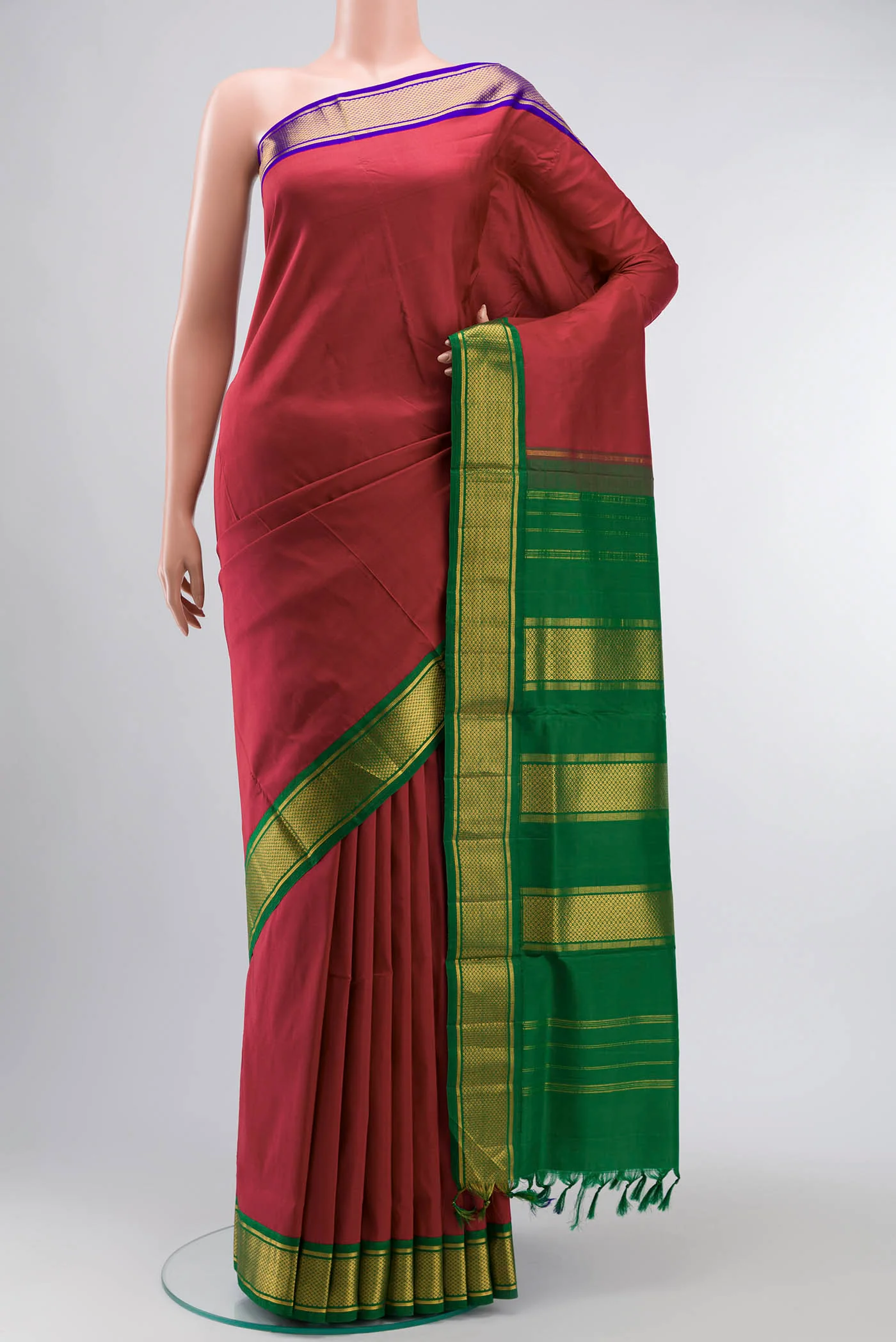 Pure Silk Pure Zari Maroon Kanchipuram Nine Yards Saree