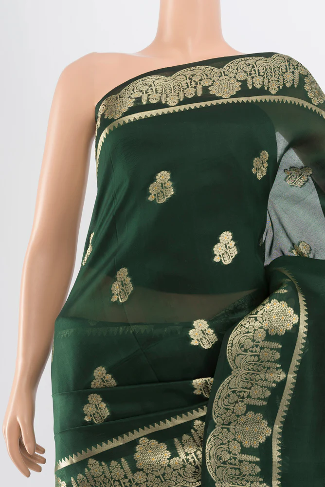 Bottle Green Banarasi Raw Silk Saree - Image 2