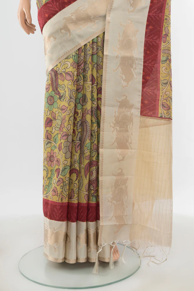 Yellow Tussar Silk Saree - Image 3