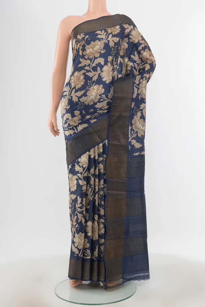 Navy Blue Tussar Silk Saree
