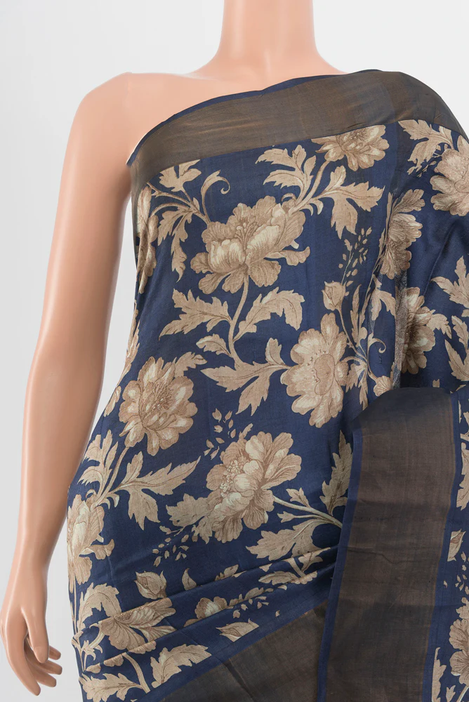 Navy Blue Tussar Silk Saree - Image 2