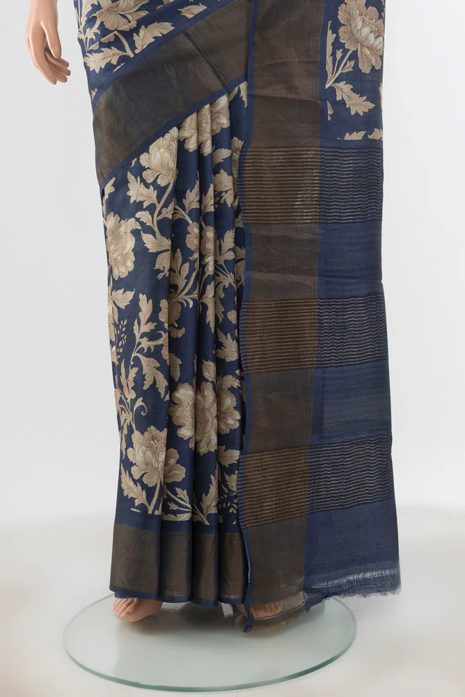 Navy Blue Tussar Silk Saree - Image 3