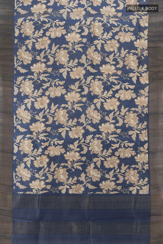 Navy Blue Tussar Silk Saree - Image 5