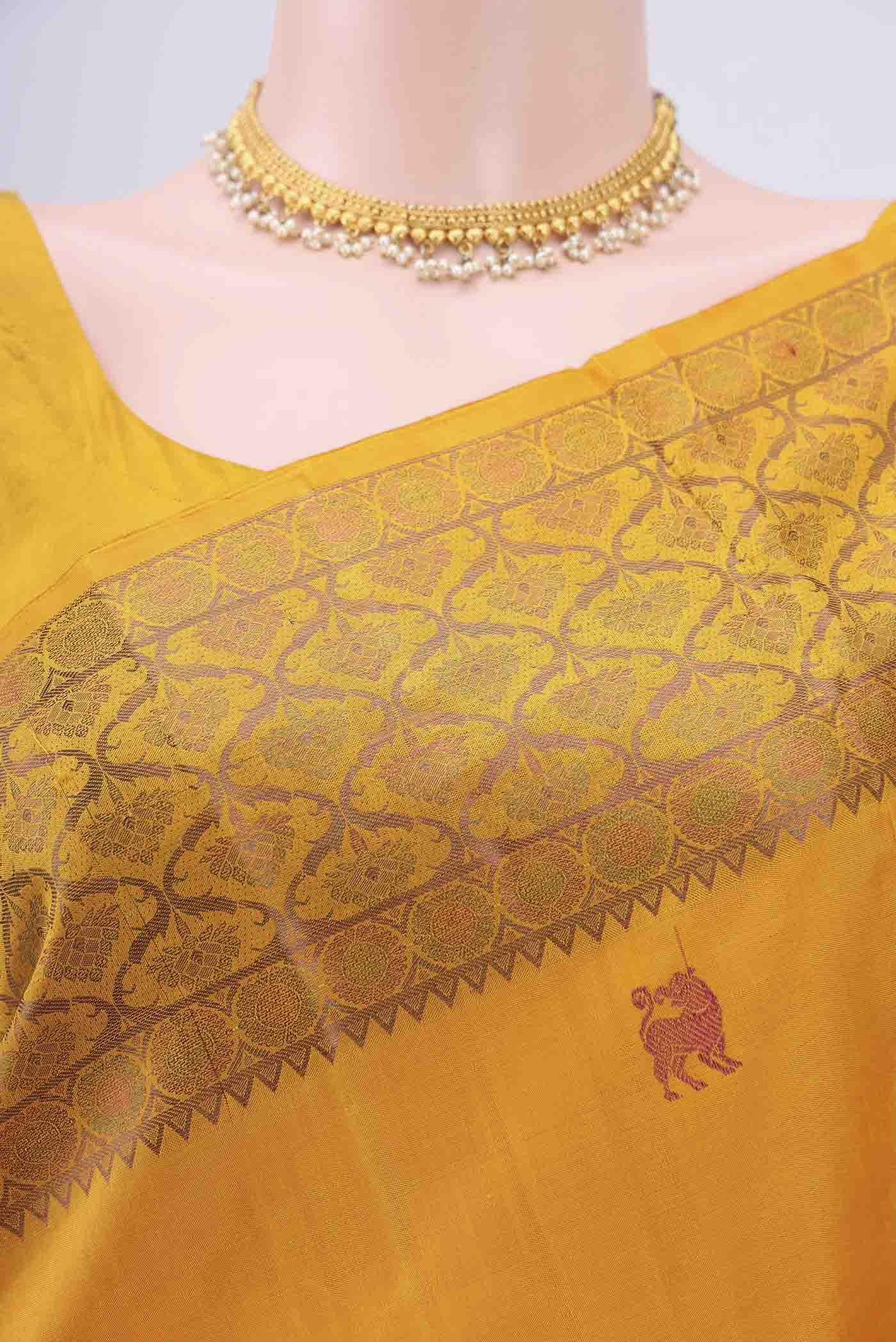 Pure Silk Pure Zari Mustard Kanjivaram Saree - Image 2