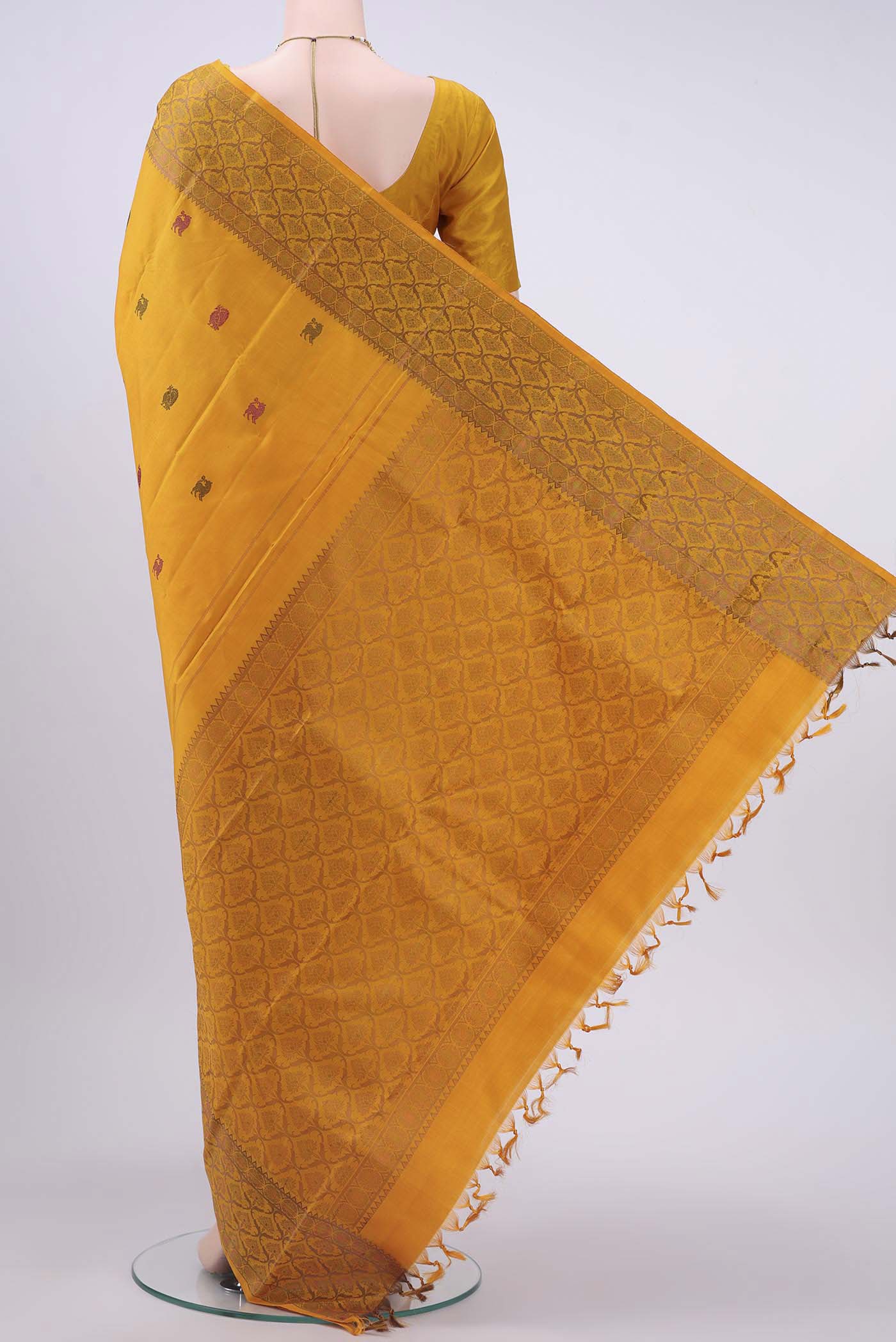 Pure Silk Pure Zari Mustard Kanjivaram Saree - Image 3