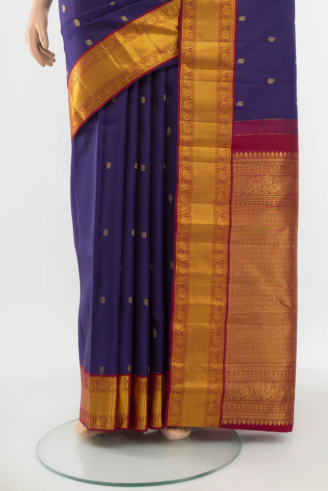Pure Silk Pure Zari Dark Blue Kanjivaram Saree - Image 3