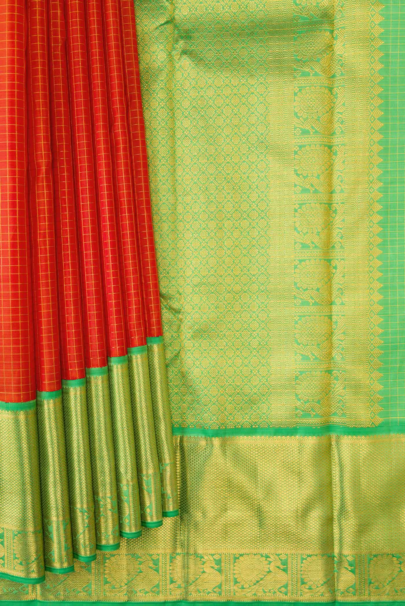 Pure Silk Pure Zari Orange Dual Tone Kanjivaram Saree - Image 4